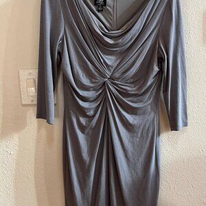 Suzi Chin for Maggy Boutique, Grey bodycon draped neck 3/4 sleeve dress, size 10